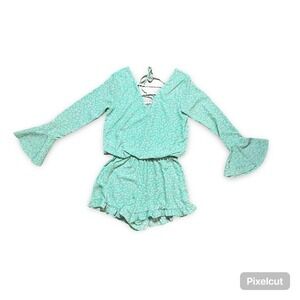 Womens Teal Floral Romper with Bell‎ Sleeves Lace Up Back